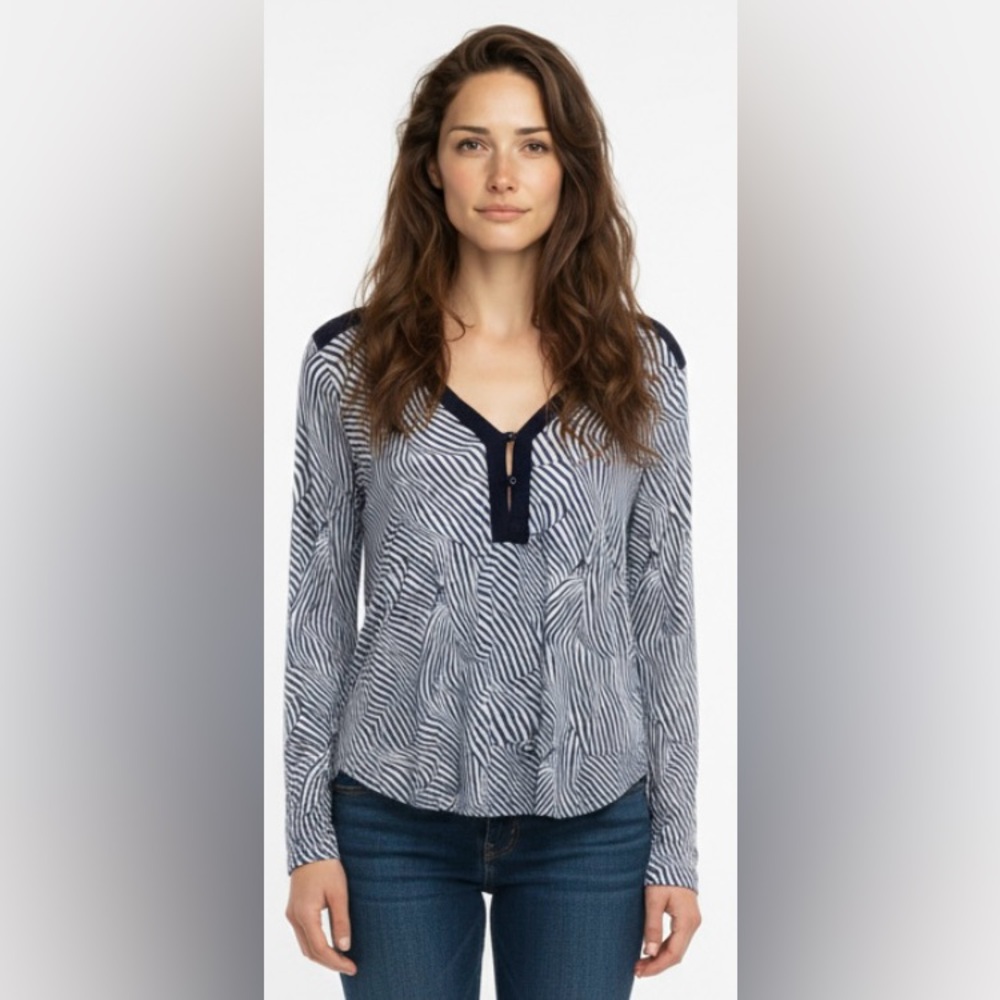 ELLA MOSS Anthropologie Top Shirt Blouse Striped V Neck Button Blue White